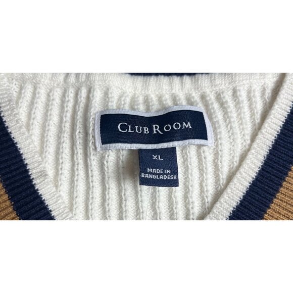NWT-Club Room mens White Knit Cotton Sweater Vest XL With Striped Trim V-Neck - Picture 4 of 9